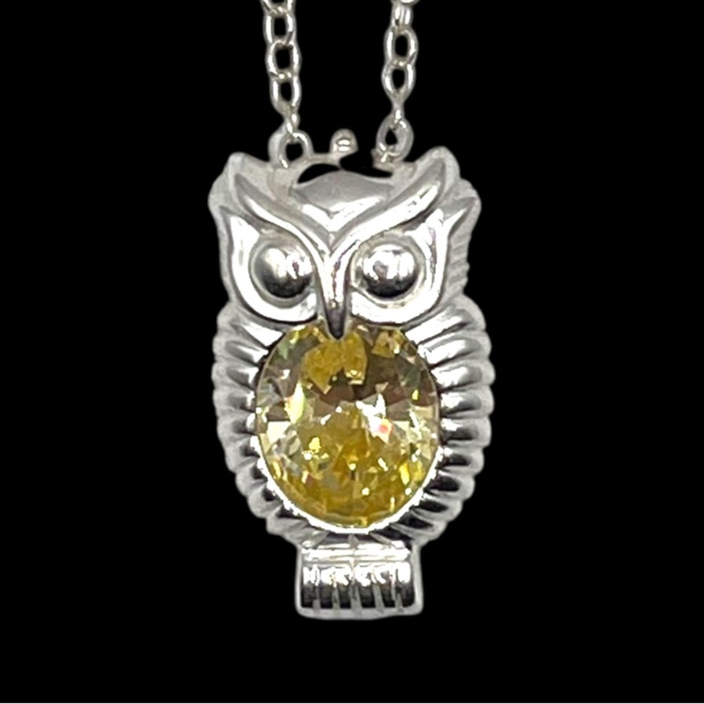 Italy 925 Silver & Citrine Owl Pendant Necklace with Removable Gem- Dainty